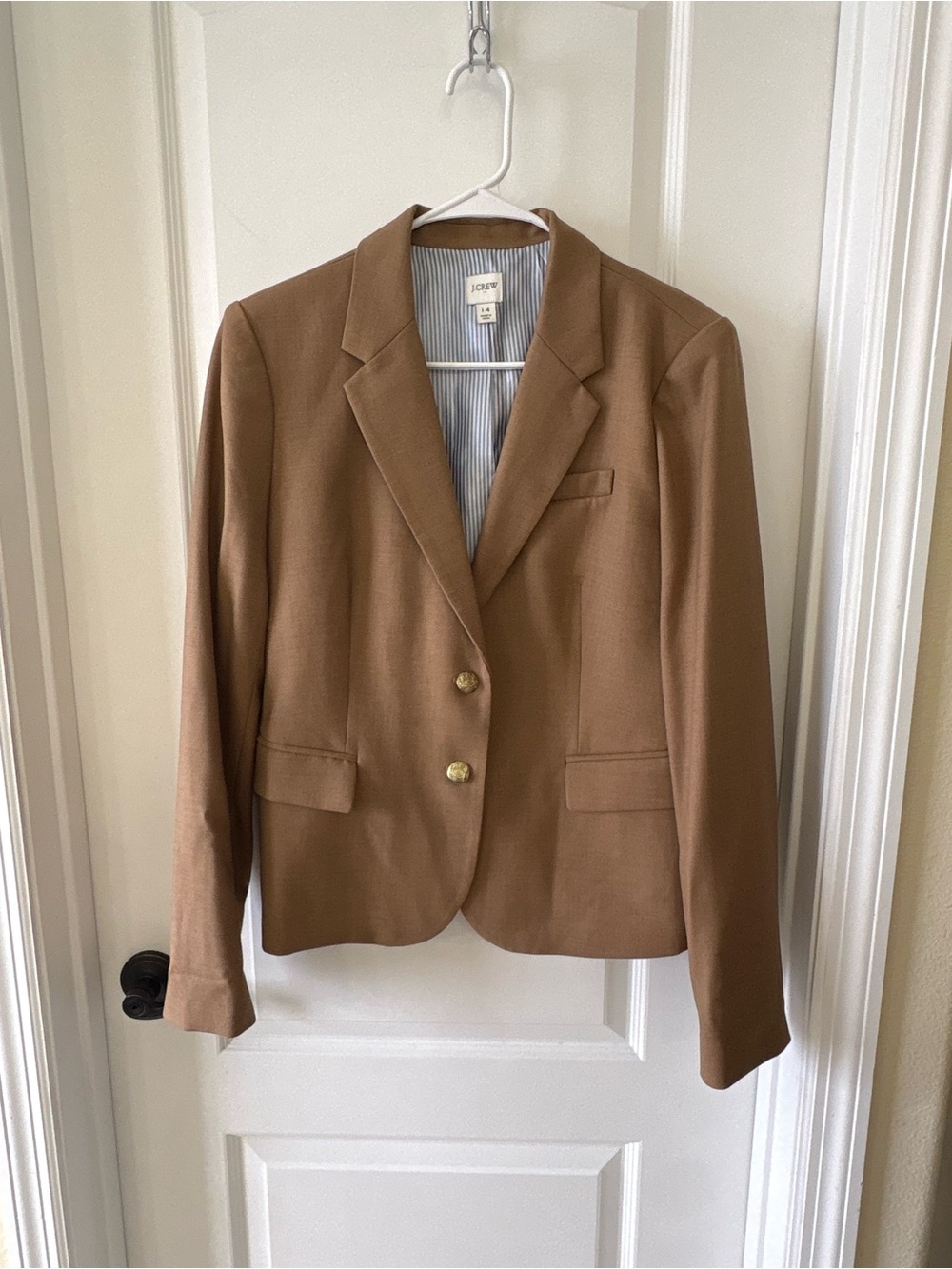 J Crew Womens 14 Camel Wool Blend Blazer Gold Crest Buttons Preppy Career